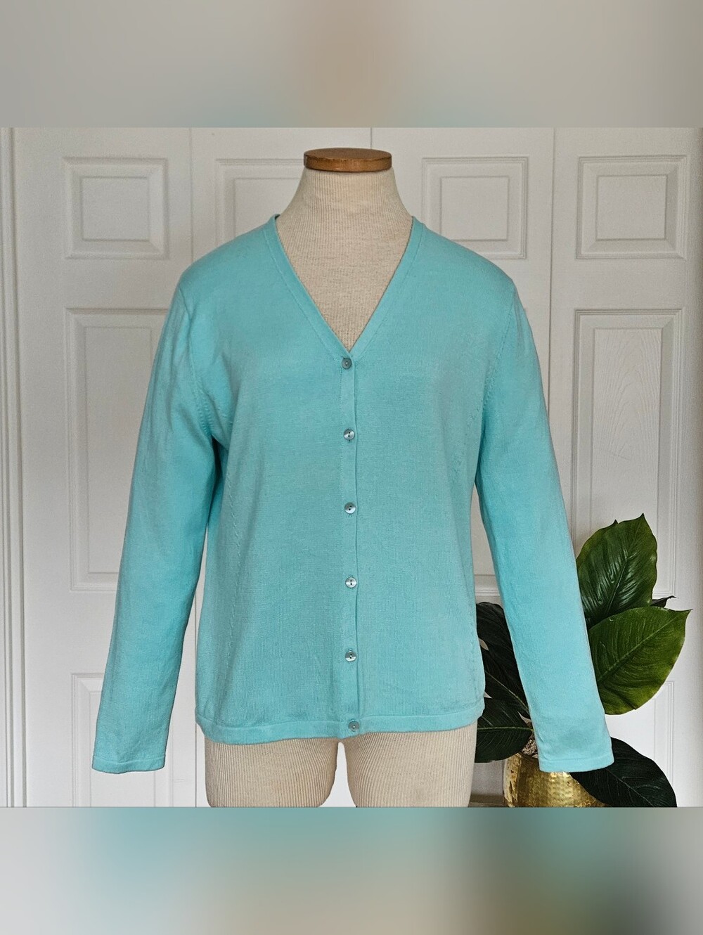 Pendleton Light Aqua Mint Fine Knit V-Neck Cardigan Retro Preppy Aesthetic M